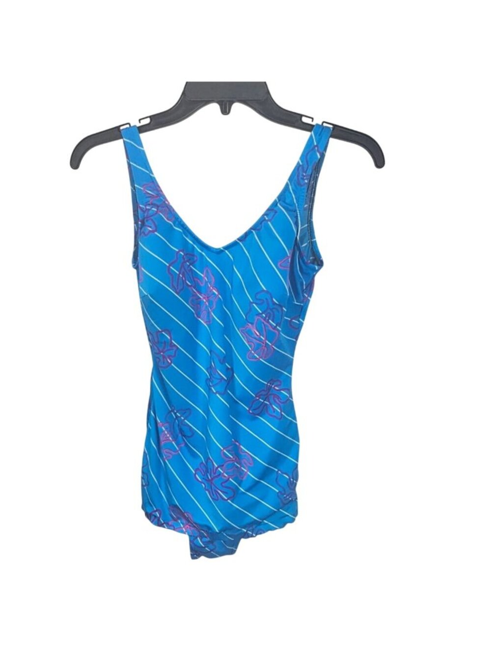 Vintage Maxine Of Hollywood Blue Floral One Piece Swimsuit Square Cut Leg Built-